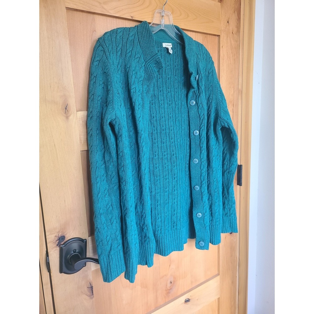 L.L. Bean 100% Cotton Cable Knit Teal Blue Cardigan MEDIUM Sweater Heritage M - Picture 8 of 10
